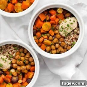 Roasted Vegetable Hummus Quinoa Bowls with butternut squash, carrots, and chickpeas.