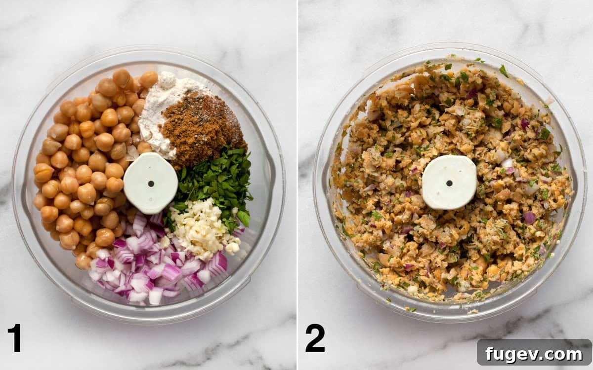 Mediterranean Baked Falafel Bowl 4 Ingredients for falafel in food processor bowl before and after pureeing.