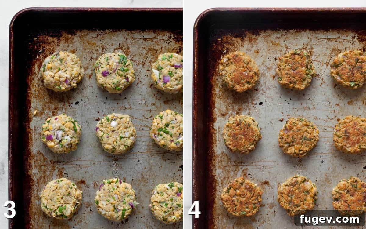 Mediterranean Baked Falafel Bowl 5 Falafel on a baking sheet before and after baking.