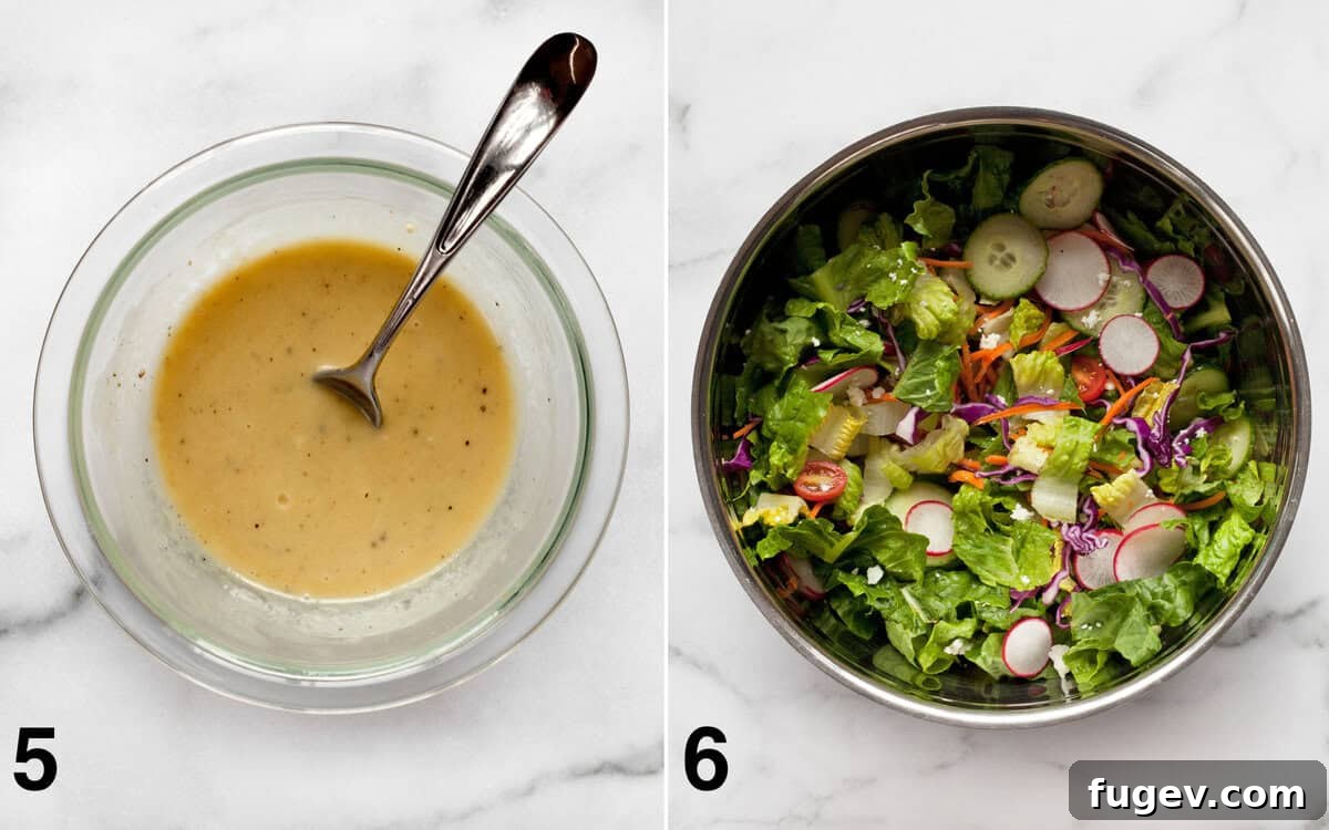 Mediterranean Baked Falafel Bowl 6 Lemon tahini dressing in a bowl. Salad tossed in another bowl.