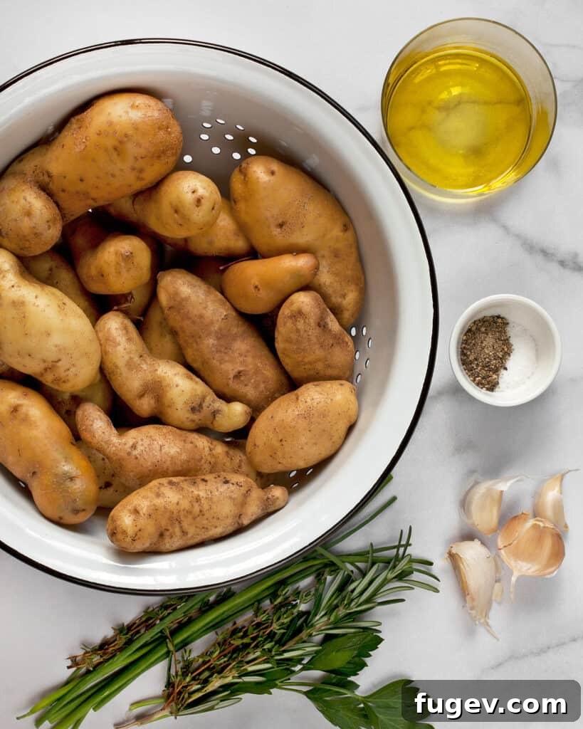 Golden Garlic Herb Fingerling Potatoes 3 Fingerling potatoes, olive oil, garlic, herbs, salt and pepper laid out for preparation.