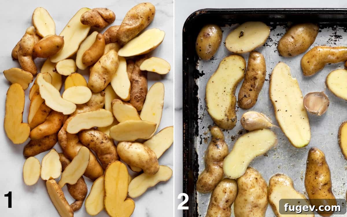 Golden Garlic Herb Fingerling Potatoes 4 Sliced fingerling potatoes on a cutting board and seasoned potatoes spread on a baking sheet.