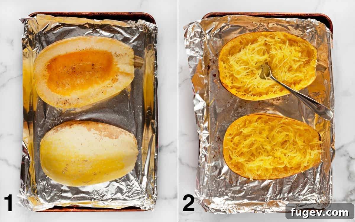 Fiesta Spaghetti Squash 4 Spaghetti squash on a sheet pan before and after it is roasted, illustrating the transformation from raw to tender, pasta-like strands.