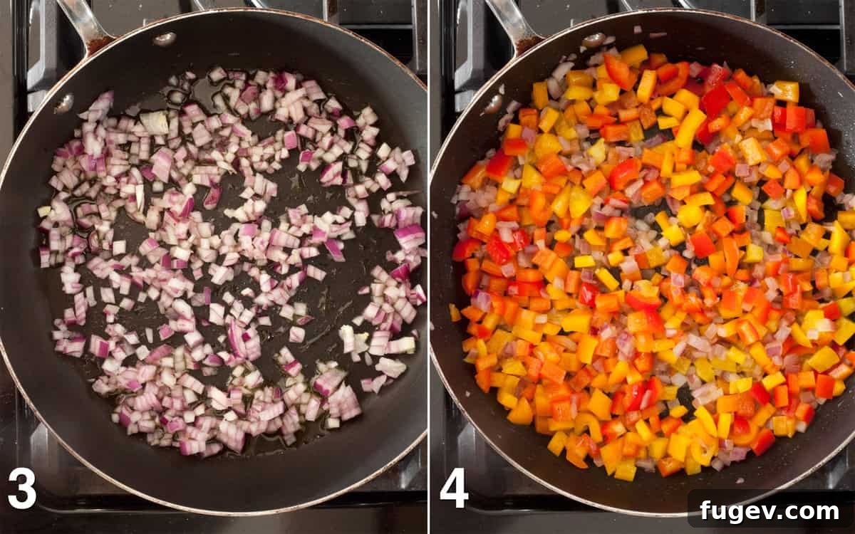 Fiesta Spaghetti Squash 5 Onions sautéing in a skillet, followed by colorful bell peppers being stirred into the softened onions to build the dish's base.
