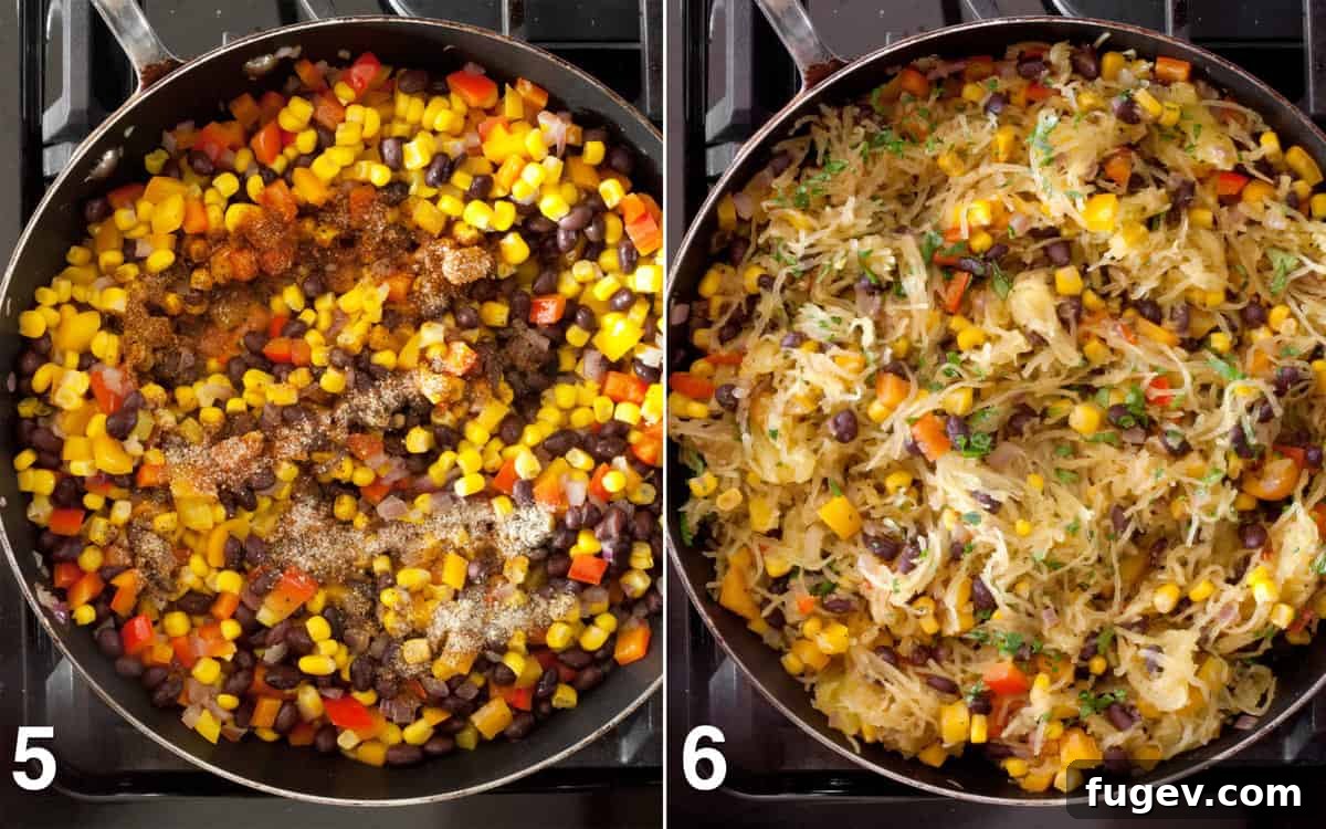 Fiesta Spaghetti Squash 6 Corn, black beans, and spices stirred into onions and peppers, with roasted spaghetti squash then folded into the vibrant sautéed vegetables for the final mix.