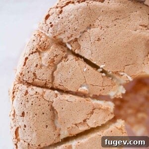 A close-up of a sliced, golden-brown angel food cake top, ready to be served.