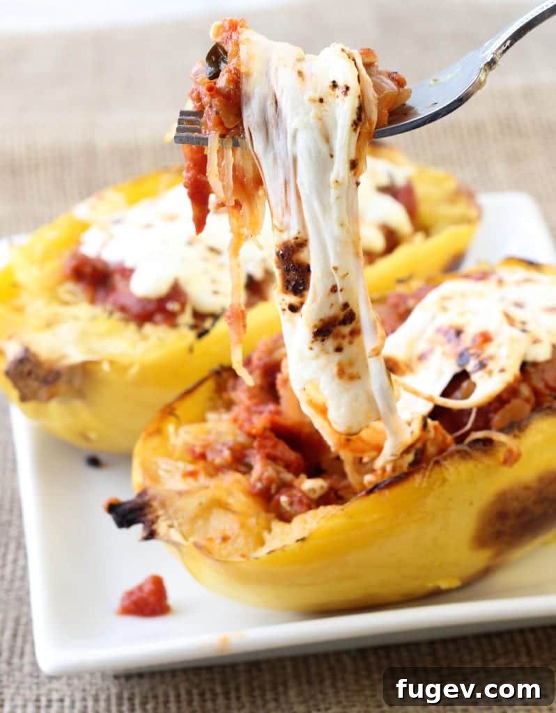Golden Twice Baked Spaghetti Squash Bake 5 Overhead shot of two Twice Baked Spaghetti Squash halves overflowing with turkey meat sauce and melted cheese.