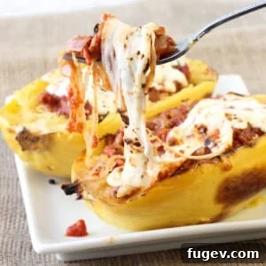 Twice Baked Spaghetti Squash with Turkey Sausage Meat Sauce - Recipe Card Image