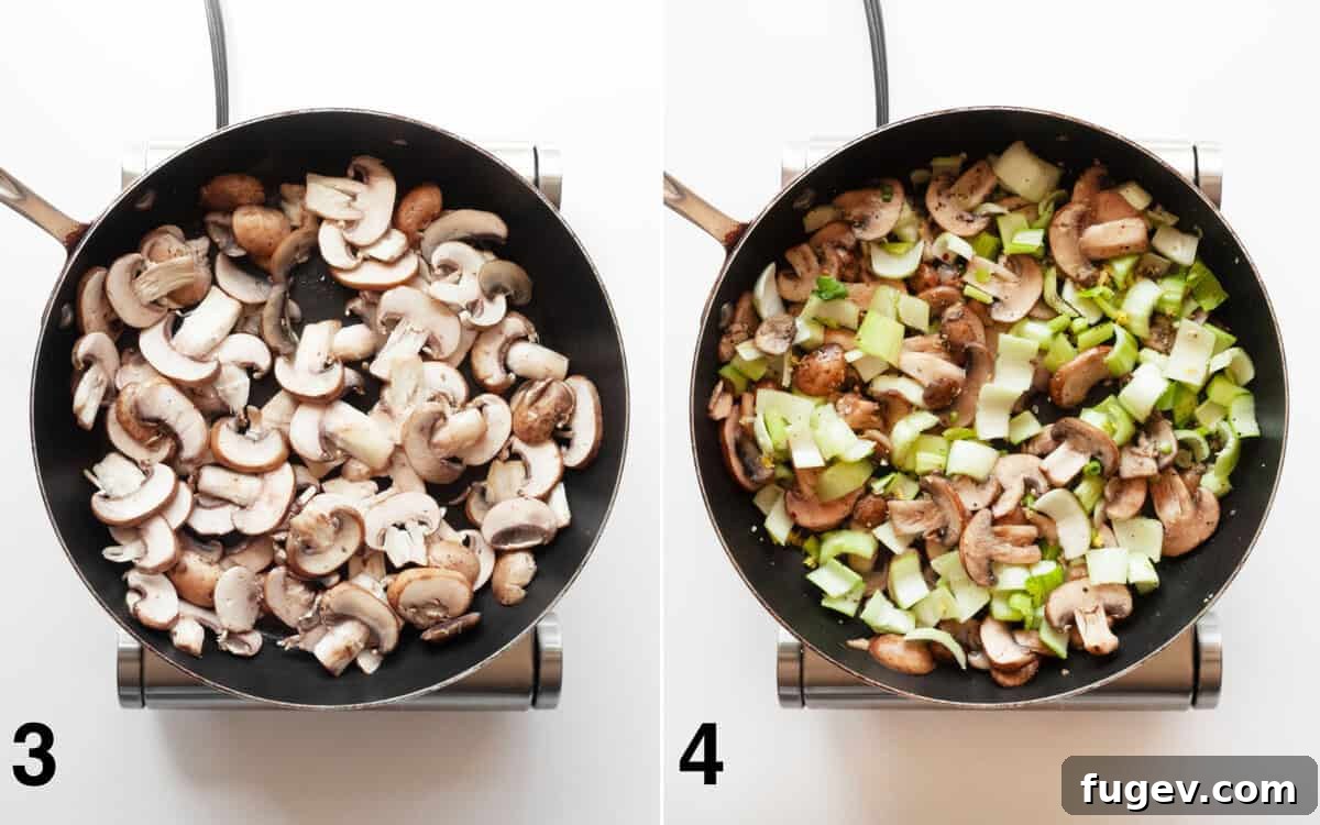 Earthy Mushroom & Crisp Bok Choy Soba Stir-Fry 5 Mushrooms sizzling in a skillet, with bok choy stems, garlic, ginger, and other seasonings just added and being stirred.