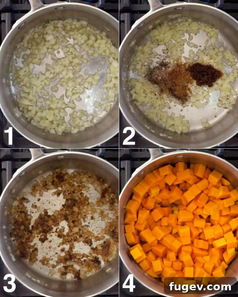 Chipotle Sunshine Squash Velvet 5 Steps showing how to make Spicy Chipotle Butternut Squash Soup