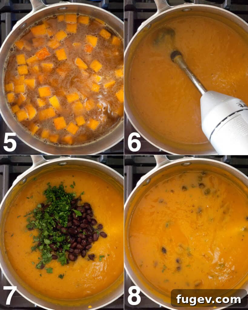 Chipotle Sunshine Squash Velvet 6 Steps showing how to make Spicy Chipotle Butternut Squash Soup