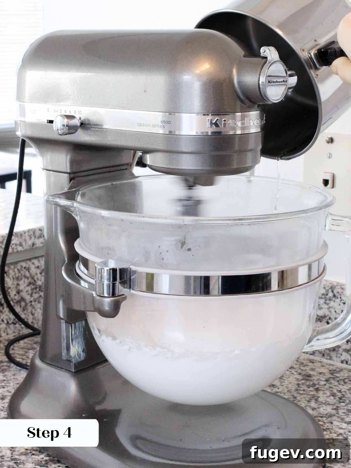 Whipped Marshmallow Dream 6 pouring sugar syrup for Italian meringue.