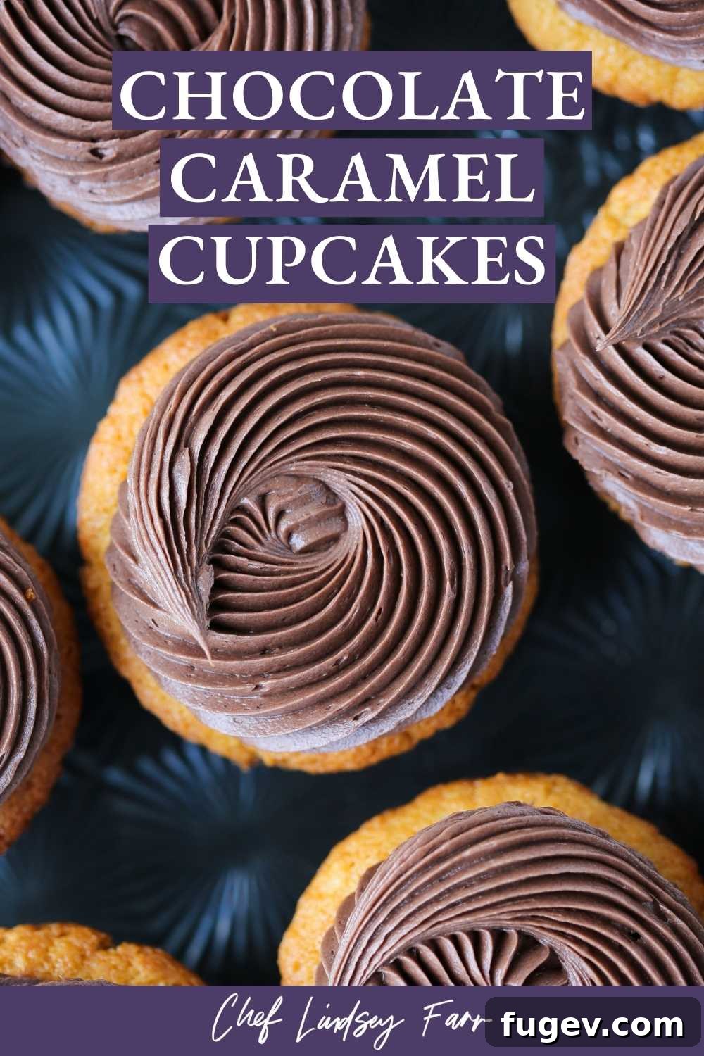 Gooey Chocolate Caramel Dreams 8 Chocolate Caramel Cupcakes featuring elegantly swirled frosting on top, showcasing their tempting aesthetic.