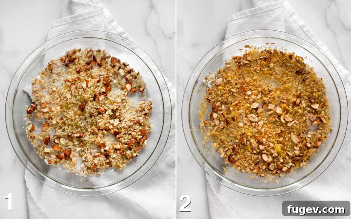 Almond Crusted Roasted Green Beans 4 A visual of the panko breadcrumbs, almonds, and sunflower seeds in a pie plate, depicted before and after undergoing the roasting process to achieve a golden, crisp texture.