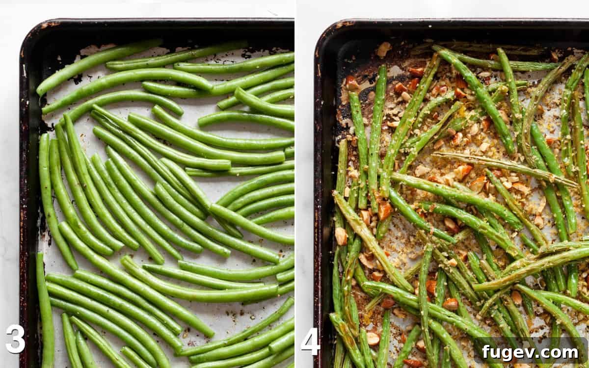 Almond Crusted Roasted Green Beans 5 A visual journey from raw green beans neatly spread on a sheet pan to the vibrant, perfectly roasted green beans, beautifully tossed with the crunchy almond breadcrumbs.
