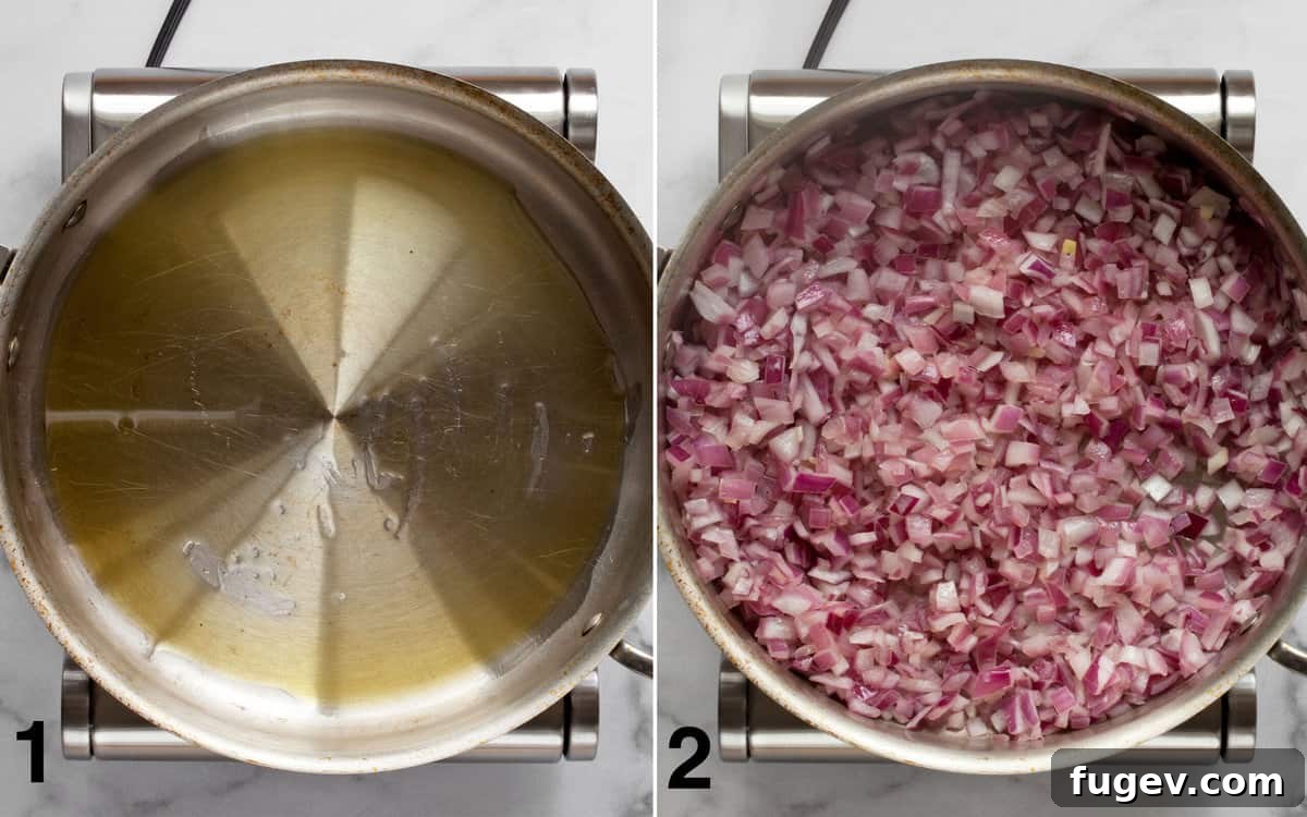 Artisan Sweet Onion Preserve 4 Left: Olive oil shimmering in a large sauté pan. Right: Chopped onions sautéing in the pan until soft and translucent, with some browning at the edges.