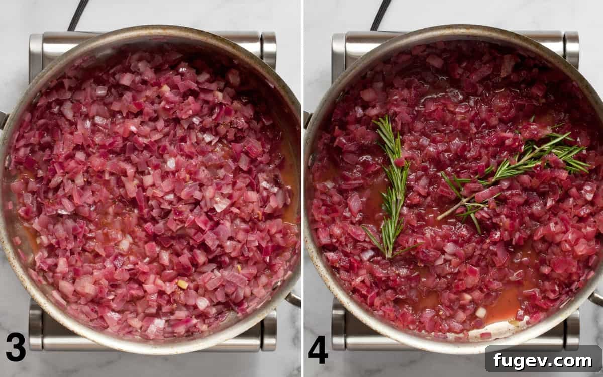 Artisan Sweet Onion Preserve 5 Left: Sautéed onions in a pan. Right: Sugar and fresh rosemary sprigs being stirred into the softened onions, ready for further cooking.