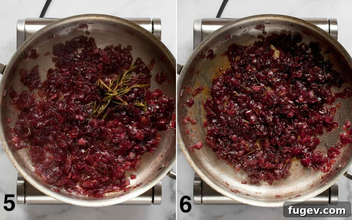 Artisan Sweet Onion Preserve 6 Left: Finished onion jam simmering in a pan with rosemary sprigs. Right: The same jam in the pan after the rosemary sprigs have been removed, ready for serving or storage.