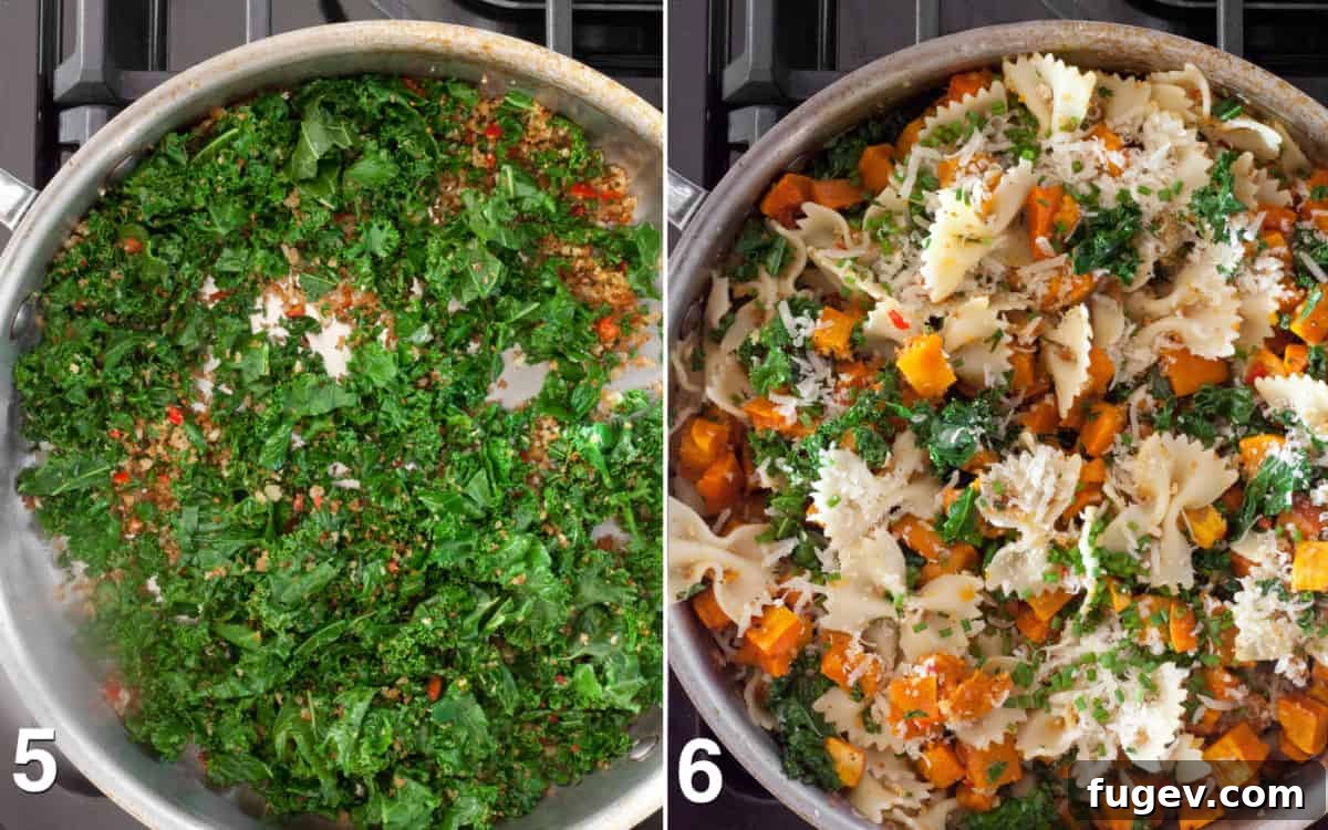 Golden Roasted Butternut Pasta 4 Kale wilting in a pan, with squash and pasta being stirred in