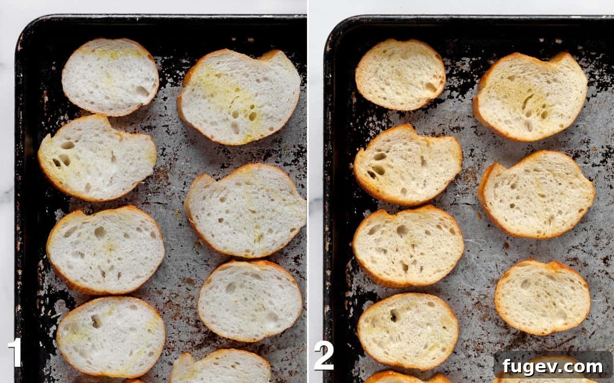 Creamy Baked Goat Cheese Dip 4 Sliced baguette on a sheet pan, followed by toasted baguette on a pan