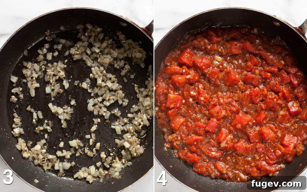 Creamy Baked Goat Cheese Dip 5 Sautéed onions in a skillet, followed by diced tomatoes simmering in a skillet
