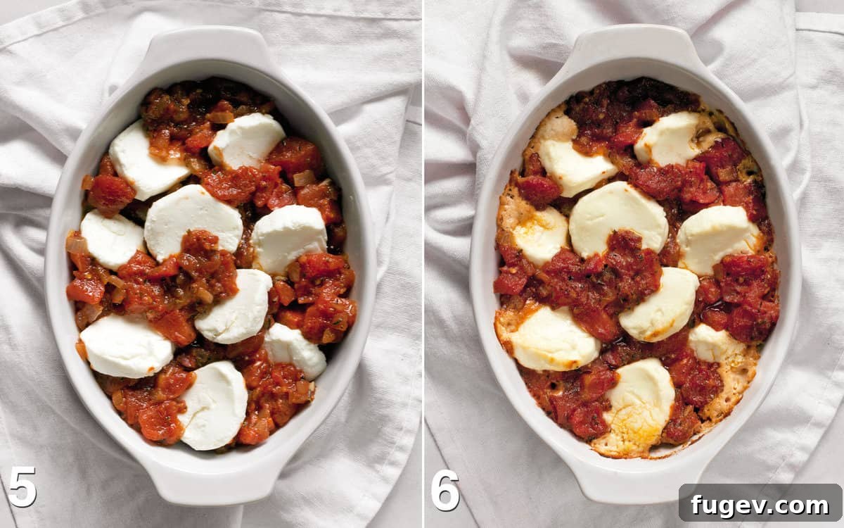Creamy Baked Goat Cheese Dip 6 Sliced goat cheese and tomato sauce arranged in a small baking dish before and after baking