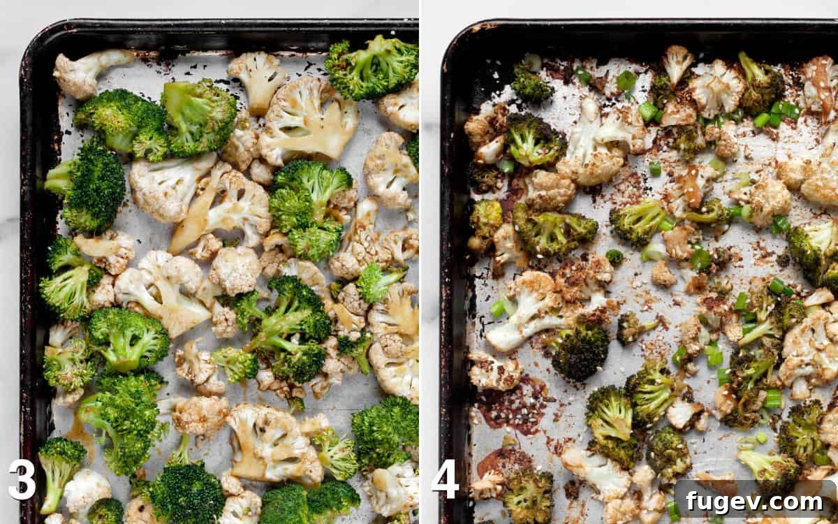 Golden Tahini Roasted Florets 5 A side-by-side comparison of raw marinated vegetables on a sheet pan next to the same vegetables after being perfectly roasted.