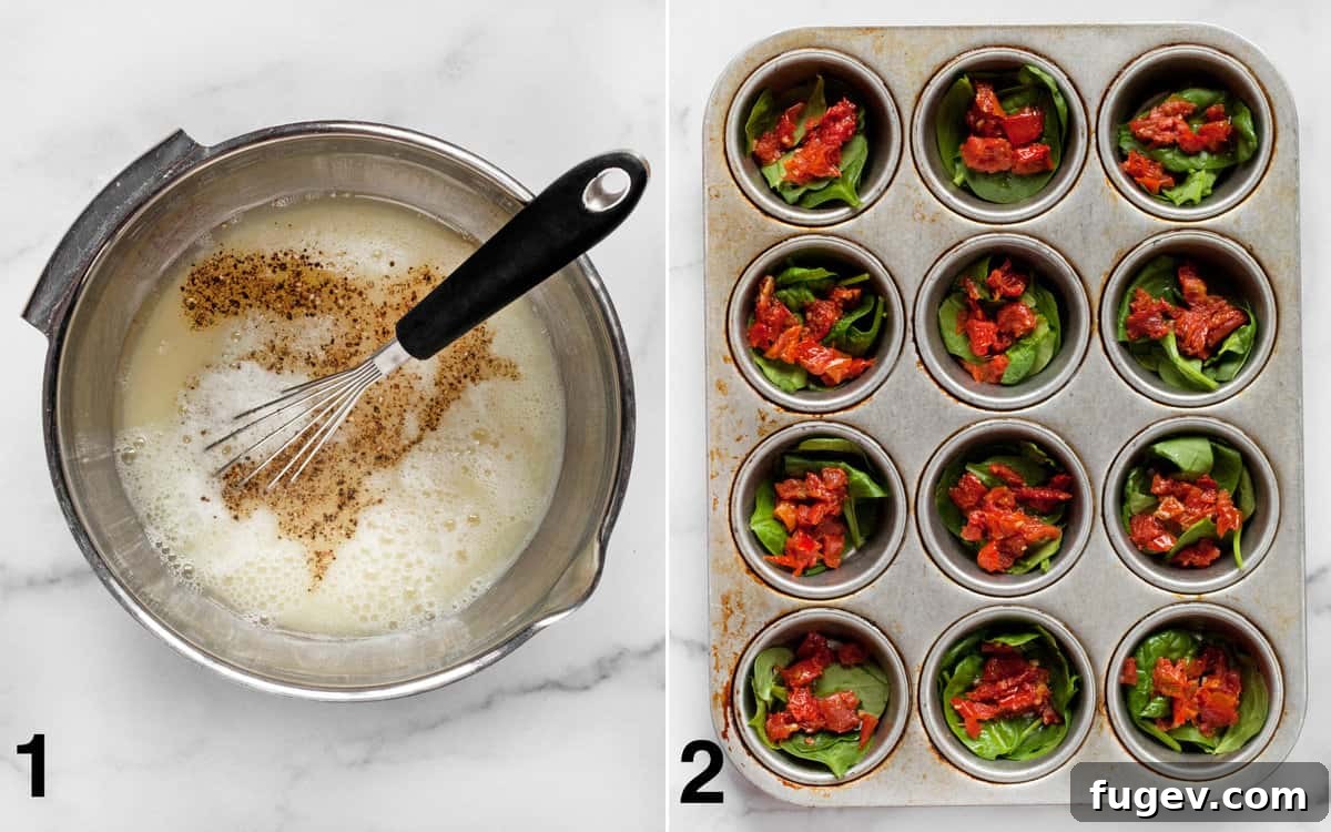 Fluffy Spinach Feta Protein Poppers 4 The process of making egg white bites: whisking egg whites in a bowl and filling muffin pan cups with spinach and roasted tomatoes.