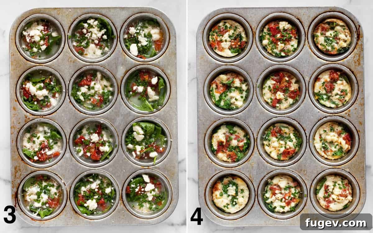 Fluffy Spinach Feta Protein Poppers 5 A side-by-side comparison of the assembled egg white bites before baking and the beautifully golden, puffed egg white bites after baking.