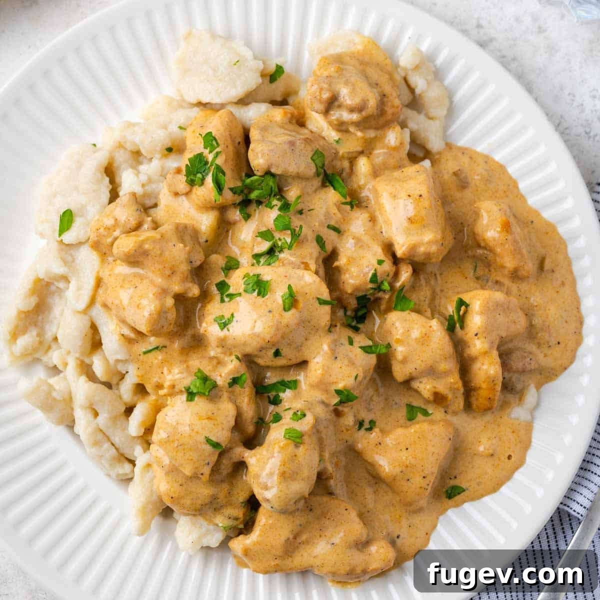Grandma's Hungarian Chicken Paprikash 13 Plated chicken paprikash with homemade spaetzle, garnished with fresh herbs.