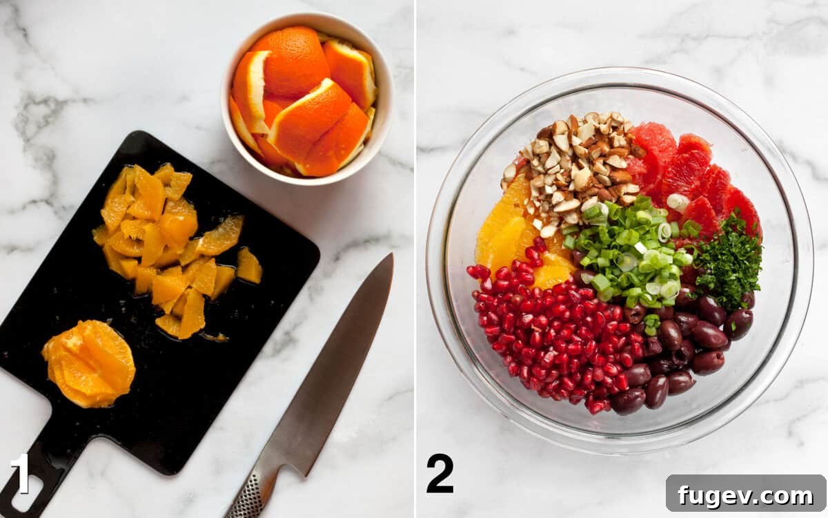 Vibrant Citrus Salad with Briny Olives and Pomegranate Jewels 5 Orange cut into segments. Salad ingredients in a bowl.