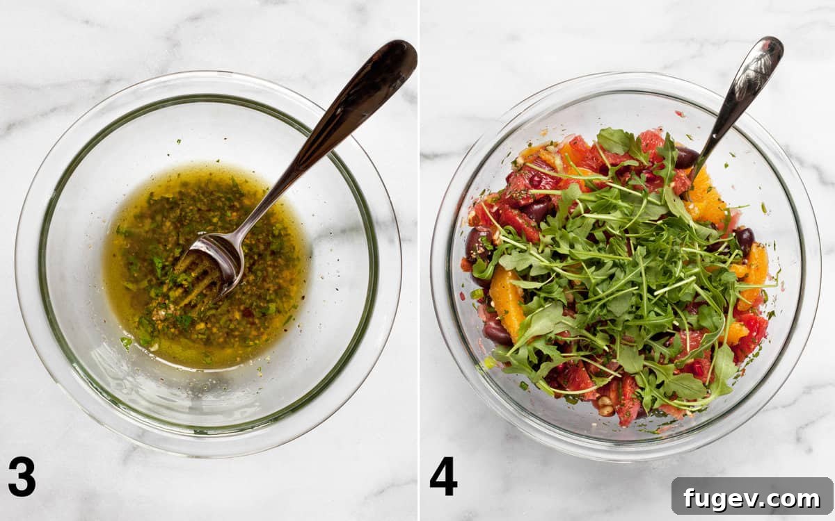 Vibrant Citrus Salad with Briny Olives and Pomegranate Jewels 6 Champagne vinaigrette in a bowl. Salad ingredients combined in a large bowl.