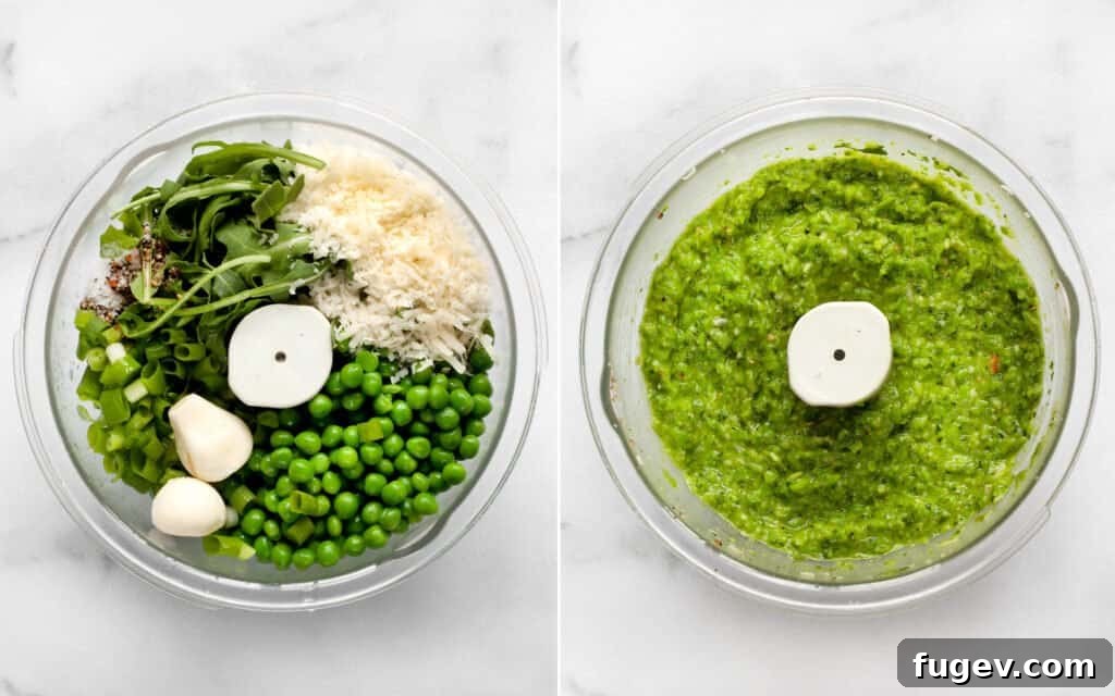 Emerald Green Pea Pesto Pasta 4 Two images: left shows fresh pea pesto ingredients in a food processor, right shows smoothly pureed pea pesto in the same bowl.