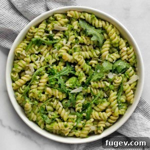 Pasta with pea pesto in a bowl.