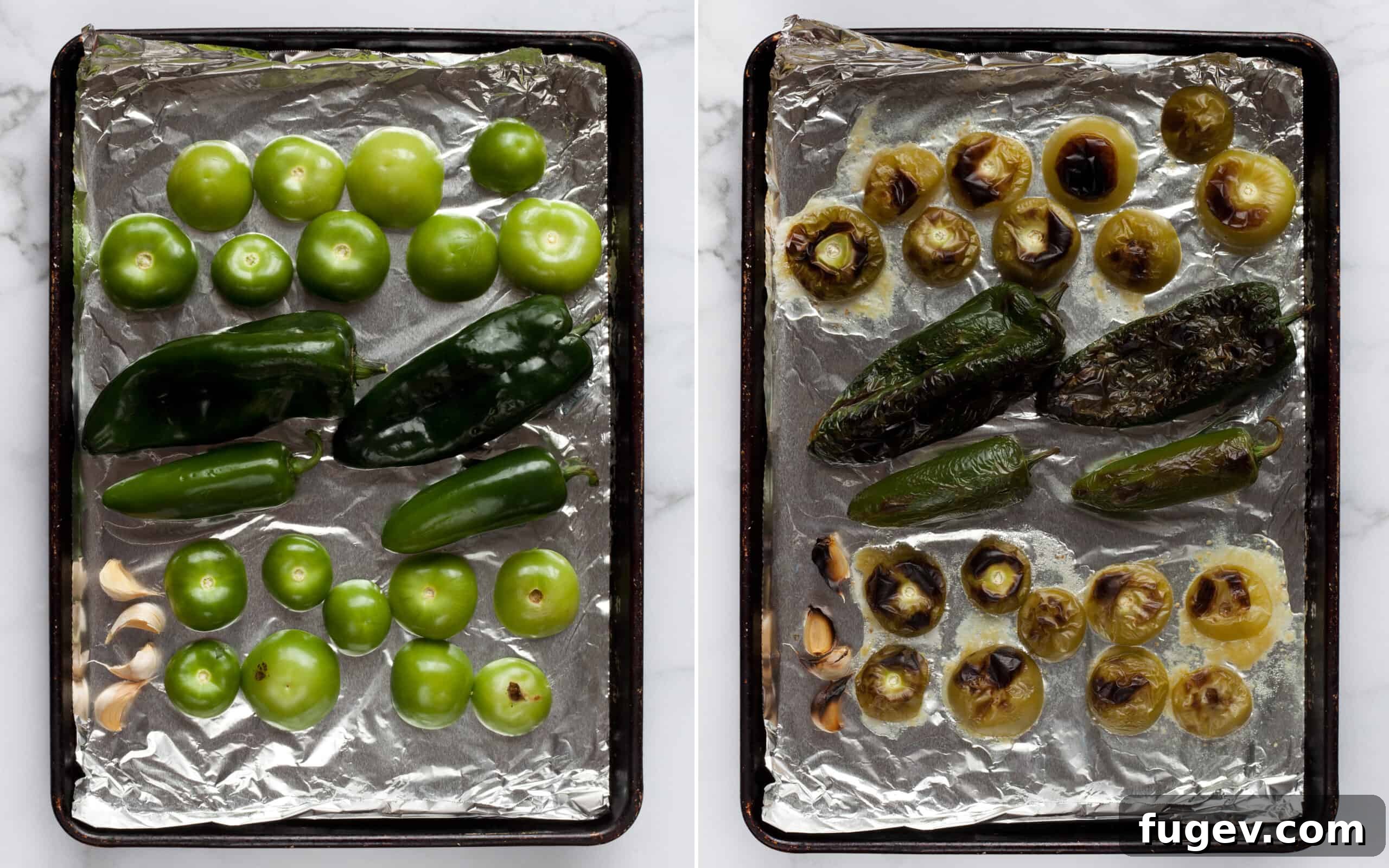 Flavorful Chile Verde with Creamy White Beans 5 A two-part image showing fresh tomatillos, poblano peppers, and jalapenos on a sheet pan before and after broiling, demonstrating the perfect char.