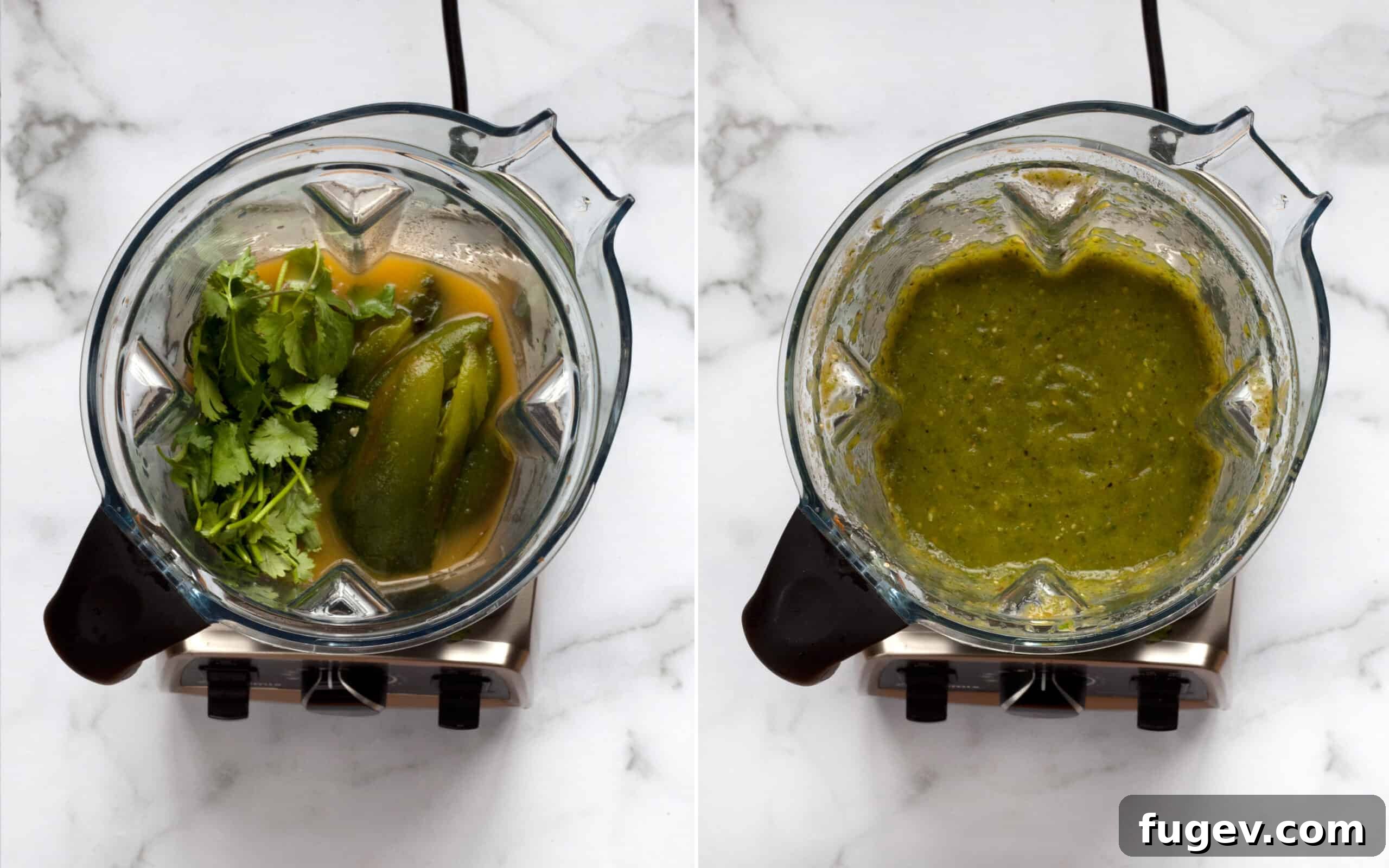 Flavorful Chile Verde with Creamy White Beans 6 Blender filled with broiled tomatillos, peppers, garlic, cilantro, and lime juice, ready to be pureed into the chile verde base.