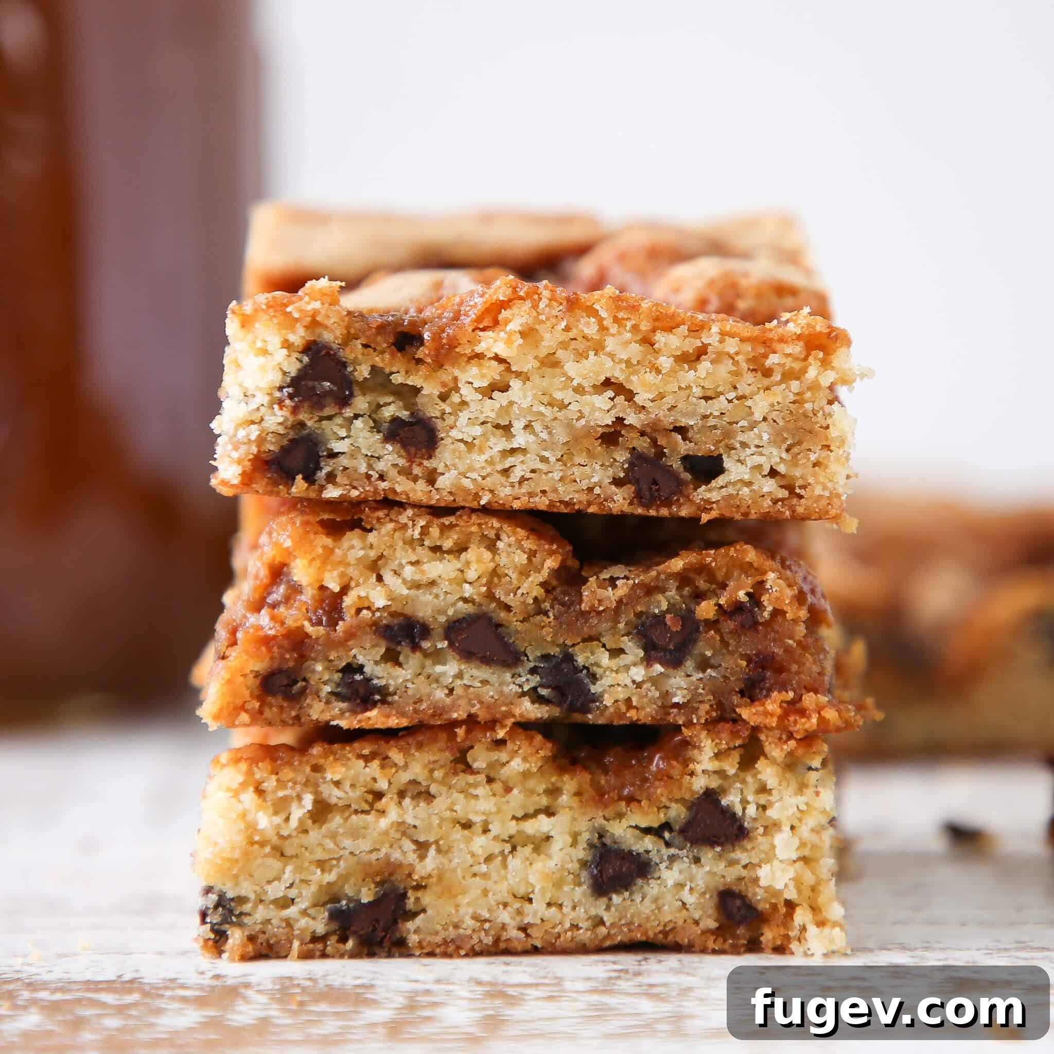 Chewy Caramel Chocolate Chip Blondies 3 Caramel Chocolate Chip Blondies sliced stacked