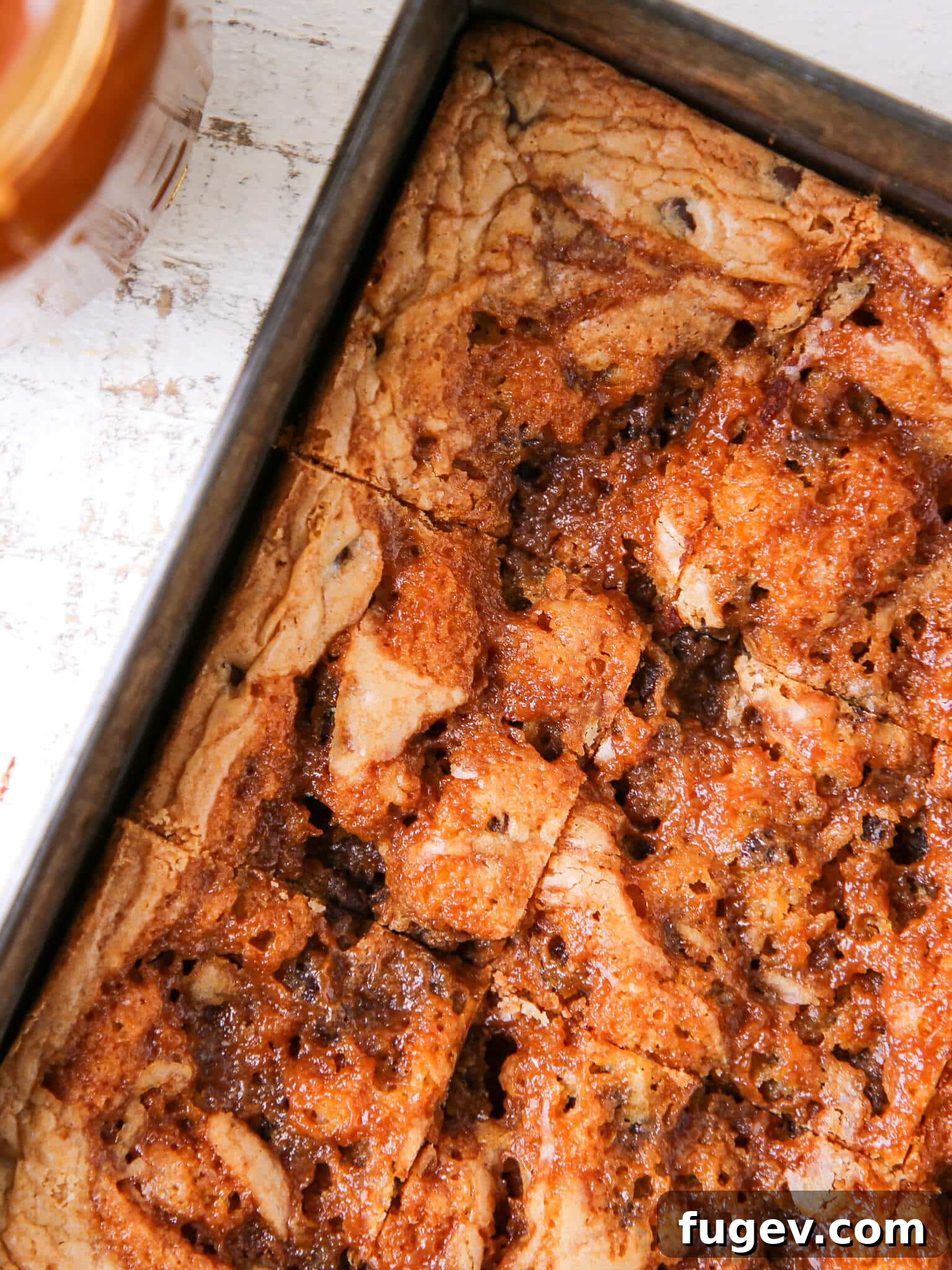 Chewy Caramel Chocolate Chip Blondies 4 Caramel Chocolate Chip Blondies sliced in pan