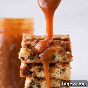 Caramel Chocolate Chip Blondies caramel pour close up detail