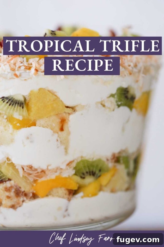 Paradise Trifle Delight 9 Side view of a Tropical Trifle, showcasing the layers in a clear glass bowl
