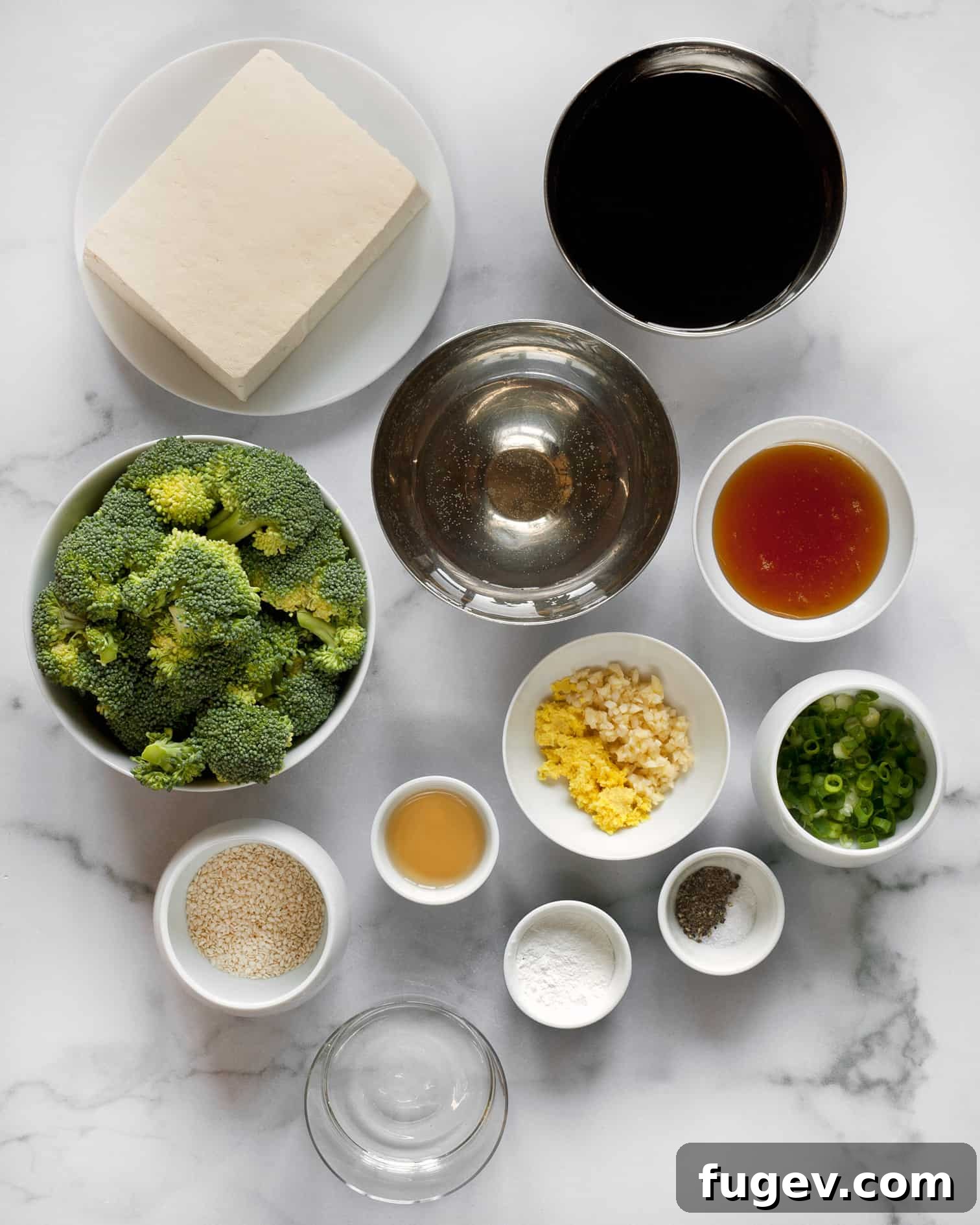 Sticky Honey Garlic Tofu Broccoli Bake 3 Ingredients including tofu, broccoli, garlic, ginger, soy sauce, honey and scallions for honey garlic tofu