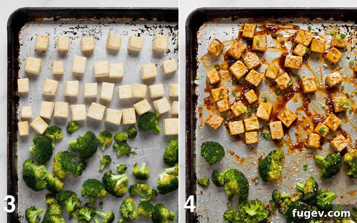 Sticky Honey Garlic Tofu Broccoli Bake 5 Tofu and broccoli on sheet pan before and after they are tossed with sauce.