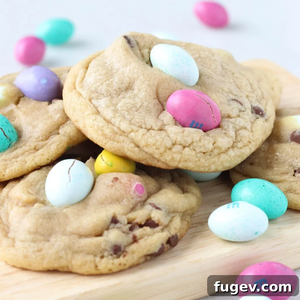 MM Peanut Butter Chocolate Chip Delights 4 Several Easter Peanut Butter M&M Chocolate Chip Cookies on a cooling rack, glistening and ready