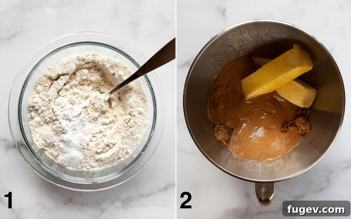 Chewy Peanut Butter Chocolate Candy Cookies 4 On the left, dry ingredients (flour, baking soda, salt) are combined in a bowl. On the right, butter, peanut butter, and both sugars are in a separate mixing bowl, ready to be creamed.