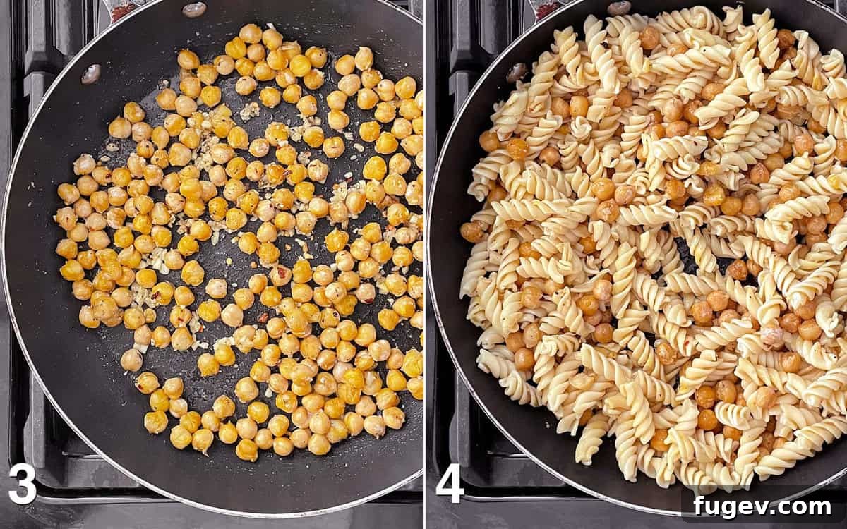 Hearty Spinach Chickpea Pasta 5 The sautéed chickpeas, garlic, and spices are mixed in the skillet. Cooked pasta, lemon juice, and zest are then stirred in to combine the ingredients.