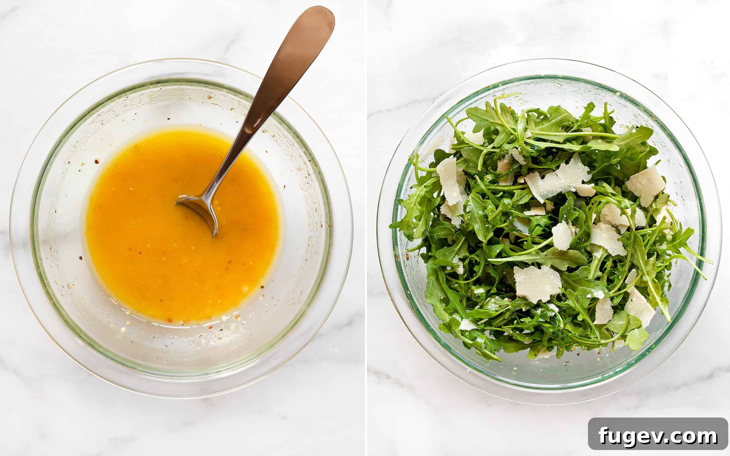Lemon-Kissed Arugula Salad 4 Step-by-step images showing whisking the lemon vinaigrette in a bowl and then drizzling it over arugula and Parmesan cheese in a large salad bowl, gently tossing to combine.