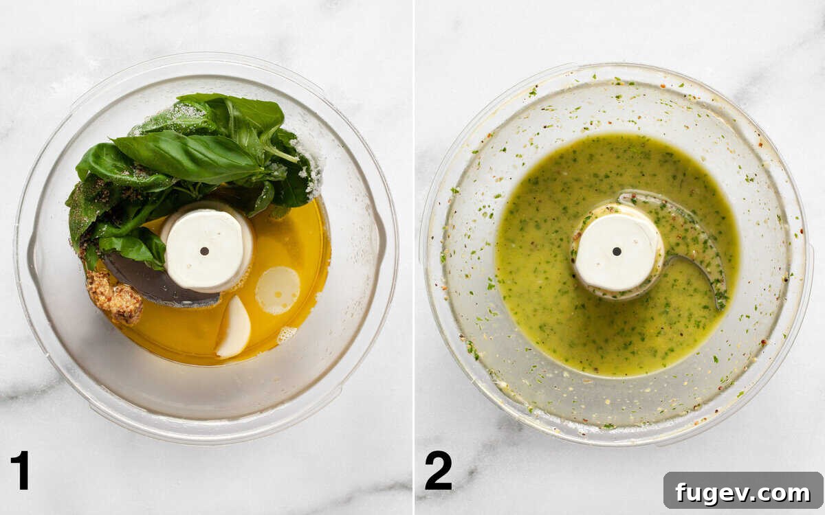 Zesty Lemon Basil White Bean Salad 4 Two images side by side. Left: Vinaigrette ingredients in a food processor bowl before blending. Right: The same ingredients after being pureed into a smooth, vibrant dressing.