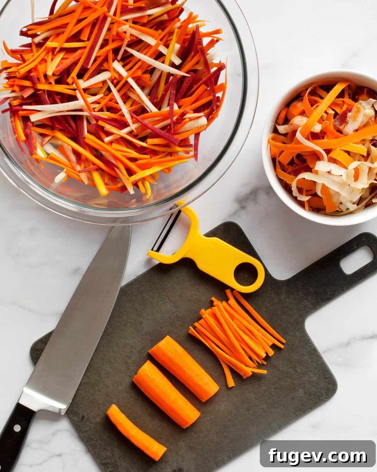 Vibrant Carrot Salad with Creamy Lemon Tahini 3 A step-by-step visual guide demonstrating how to slice carrots into matchsticks using a chef's knife on a sturdy wooden cutting board.