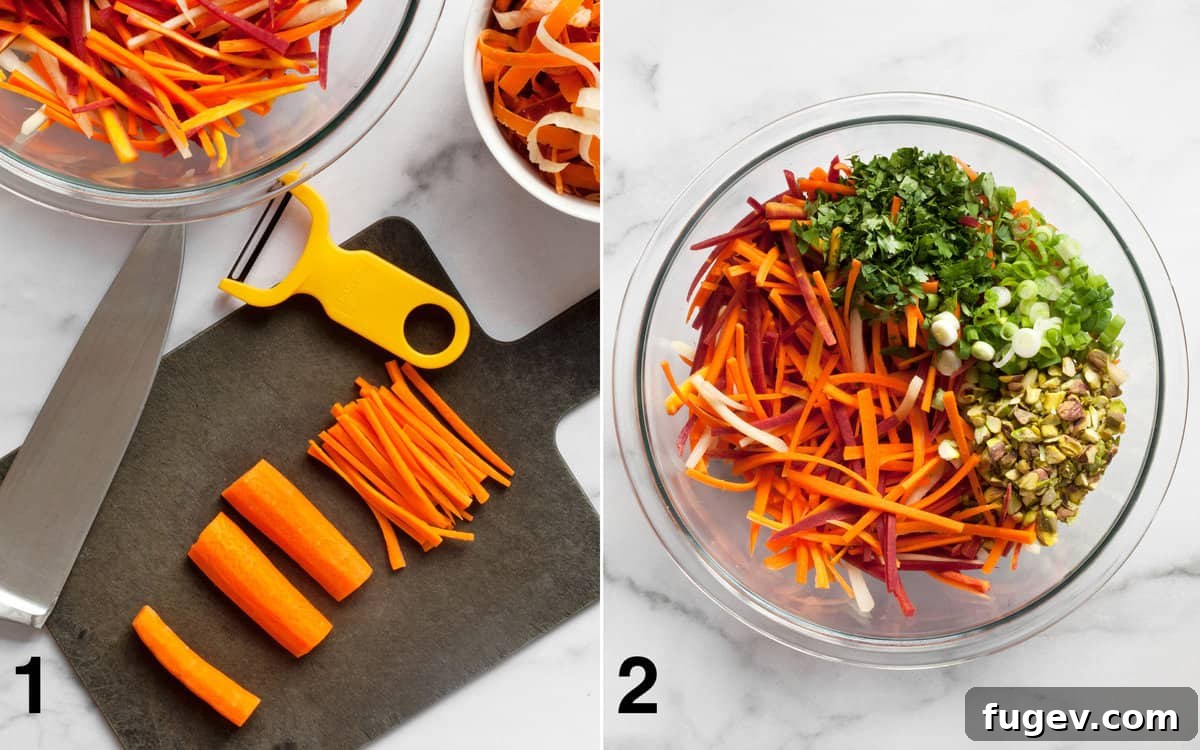 Vibrant Carrot Salad with Creamy Lemon Tahini 5 Two images side by side. The left shows hands skillfully cutting carrots into matchsticks on a wooden cutting board. The right image displays a large bowl filled with colorful carrots, sliced scallions, chopped pistachios, and fresh cilantro, ready for dressing.
