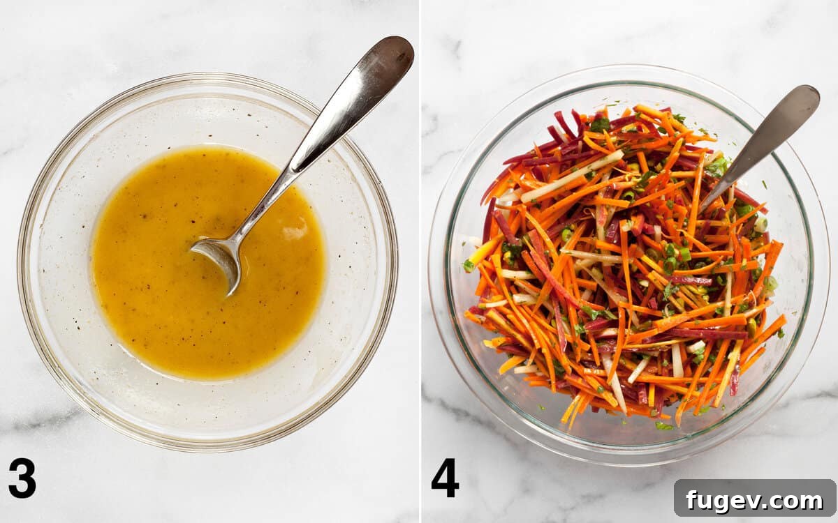 Vibrant Carrot Salad with Creamy Lemon Tahini 6 Two images side by side. The left shows a small bowl with the creamy lemon tahini vinaigrette being whisked. The right image shows the vibrant carrot salad, now fully dressed and tossed in a large bowl, glistening and ready to be served.
